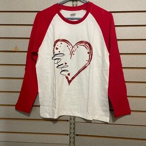 New Womens Red White Baseball T Shirt Heart Love Graphic Long Sleeve Size S